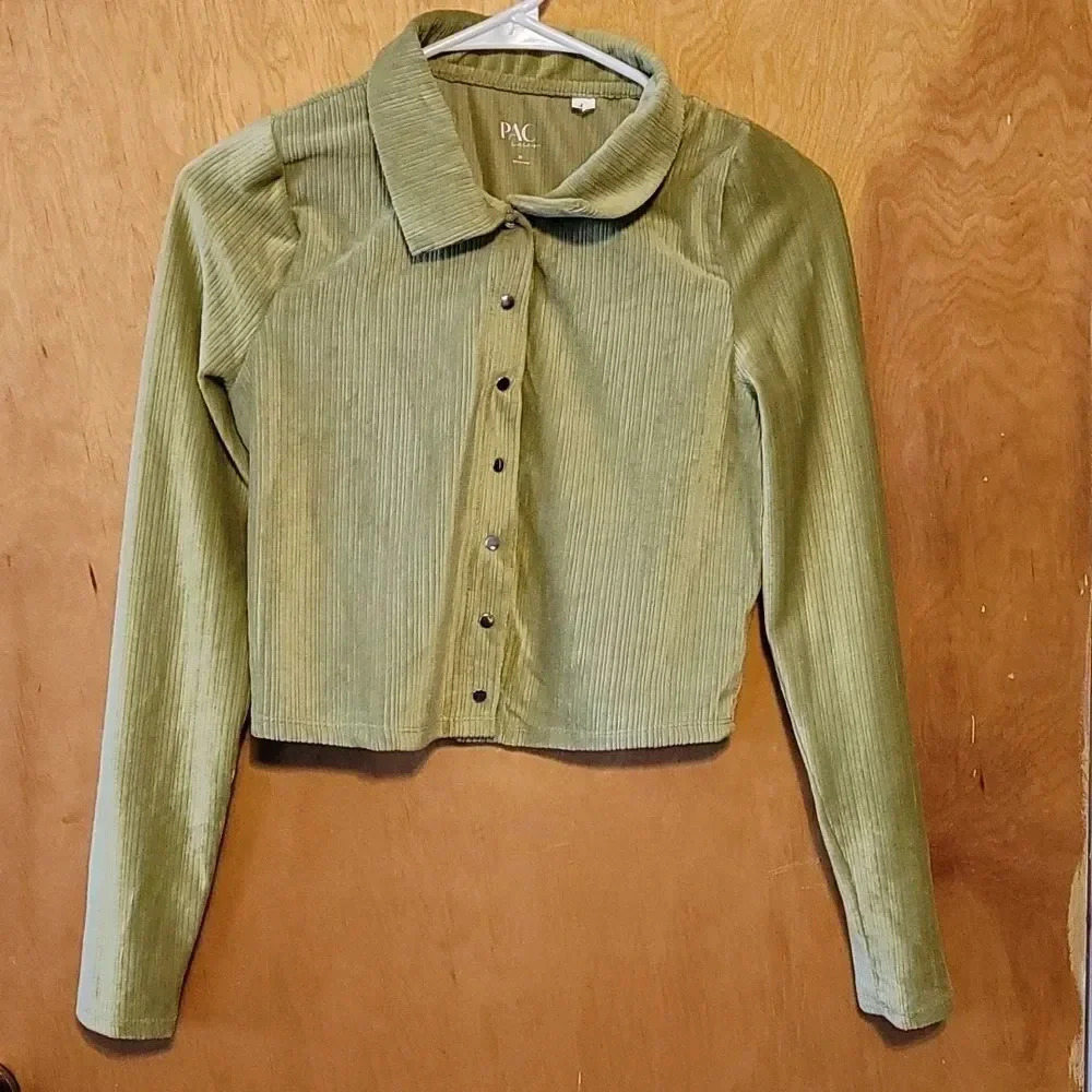 "PAC cares" size Medium  Olive green long sleeve sweater.